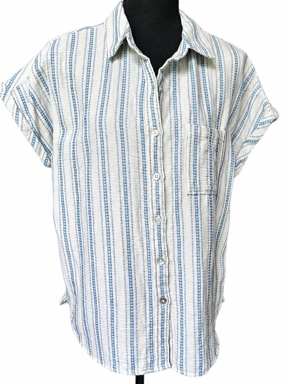 Faherty Organic Cotton Blue Stripe Button Front Shirt Size S